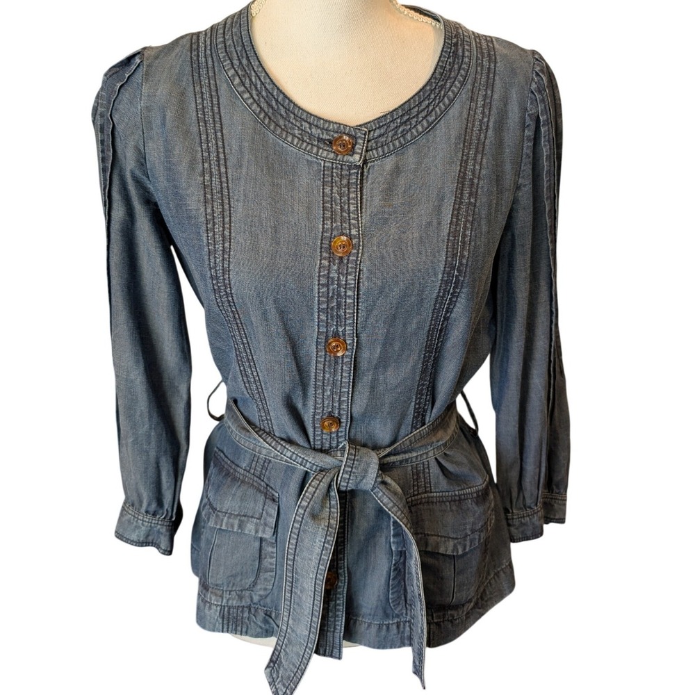 Gerard Darel Paris Women Denim Chambray Utility Jacket Pintuck Belted Blue Sz 38